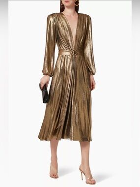 Maria Lucia Hohan “Zaila”Metallic Bronze Plunging V-Neck Maxi Dress with Belt
